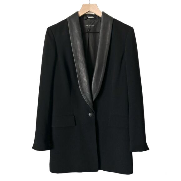 Rag & Bone Black Long Line Blazer with Lamb Leather Collar Size 4 - Picture 1 of 7